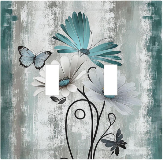 Decorative Switch Plates Rustic Teal Daisy Floral Flowers Butterfly Wood Grain 2 Gang Double Toggle Outlet Light Switch Cover Wall Plate Electrical Faceplate for Bathroom Bedroom Decor