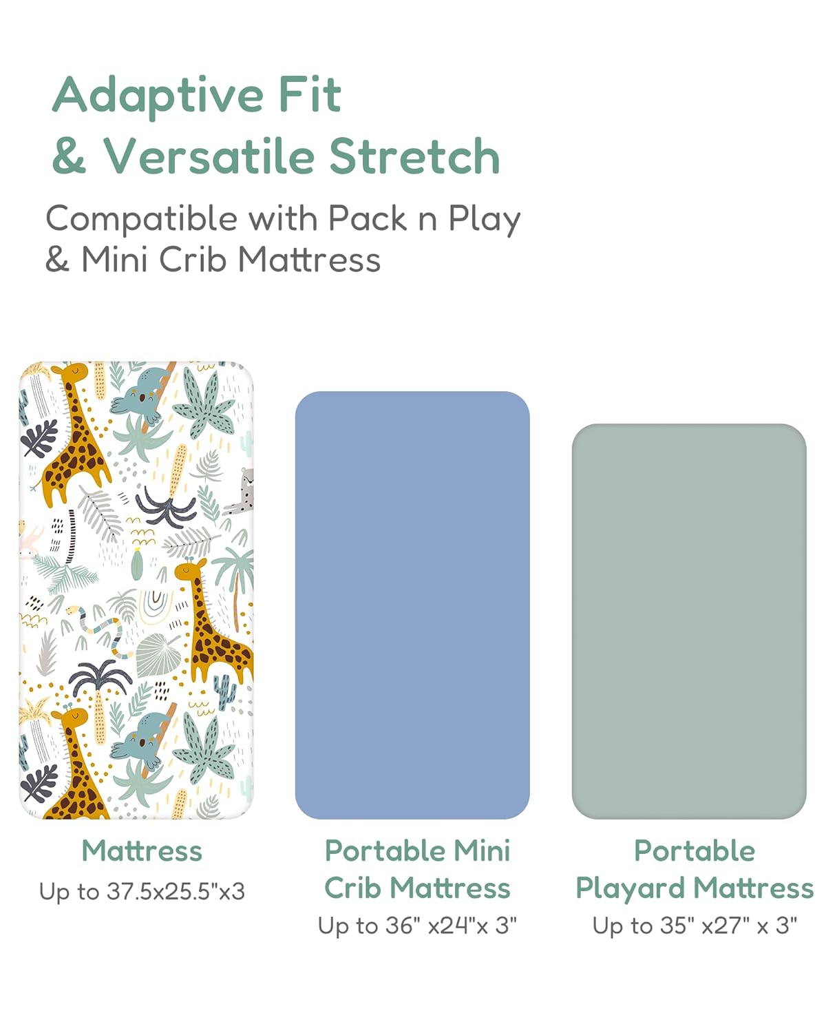 Pack and Play Sheets Fitted, Soft Green+Giraff, Breathable and Cozy, Hypoallergenic, 2 Pack for