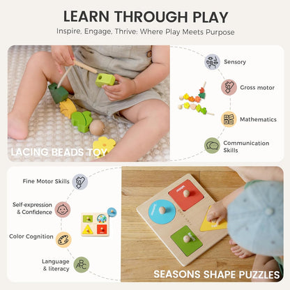 Tiny Land Montessori Toy Set for Babies 18-24 Months Investigator Play Kit- 4-in-1 Wooden Learning Toys with Color Sorting, Lacing Beads, Shape Matching, and Seasons Puzzles