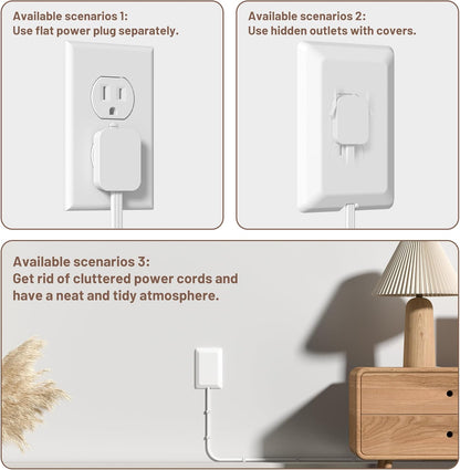 8FT Flat Plug Extension Cord with 3 Outlet Power Strip,Ultra Thin Outlet Concealer with Outlet Covers Baby Proofing,Flat Face Outlet Extender for Home,Bedroom,Kitchen with ETL Listed,White
