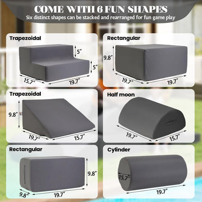 jela Foam Blocks 6Pcs Soft Play Equipment Waterproof Fabric, UV Resistant Toddler Climbing Toys Indoor& Outdoor Soft Play Climbing for Toddlers, Lightweight Climbing Blocks for Babies, Kids (Darkgrey)