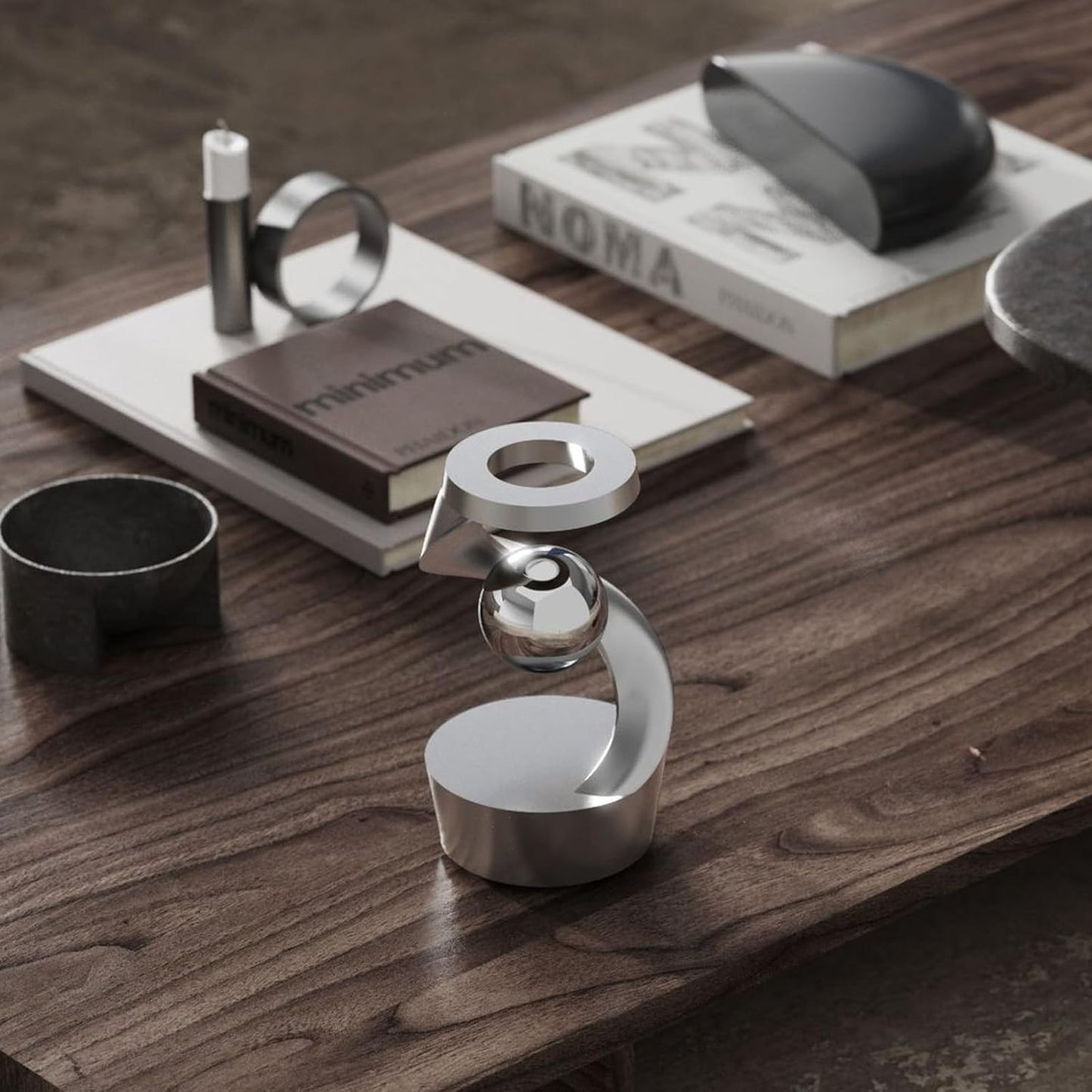 Gravity Defying Kinetic Desk Toy, Desktop Suspended Gyroscope, Executive Desk Toy Levitating Spinning Metal, Rotating Spinner with Floating Ball for Desktop Decor (Silver)