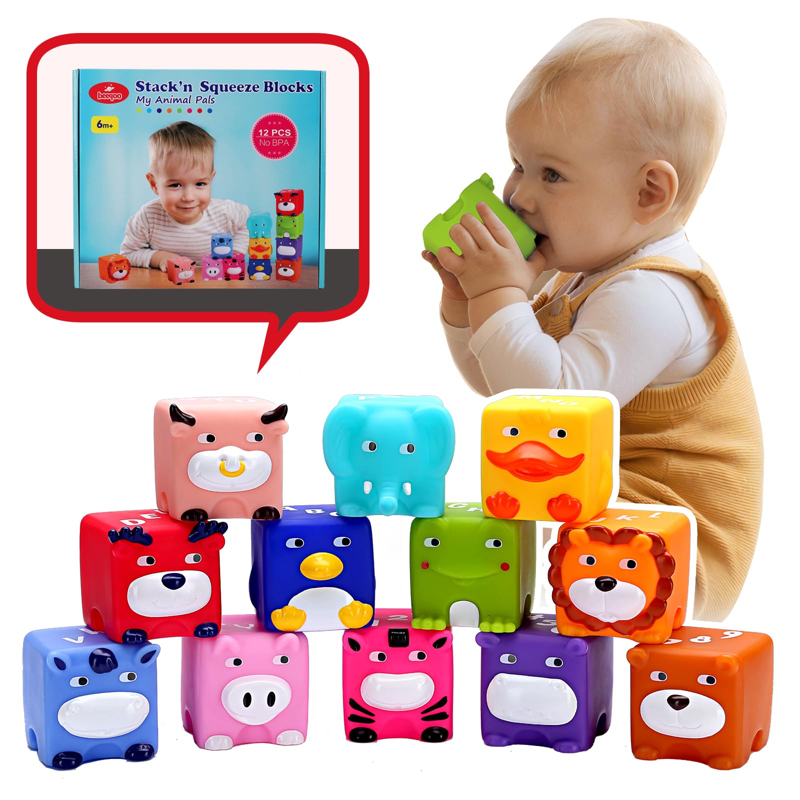 beeqoo Soft Baby Blocks – Stacking & Building Toys for Babies and Toddlers –12 Pcs No Hole Squeeze