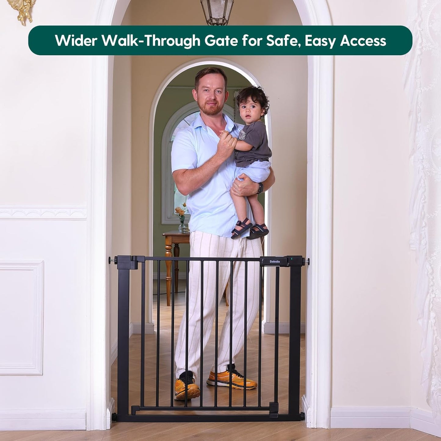 BABELIO Baby Gate for Doorways and Stairs, 31-36" Pet Gate with Wide Walk Thru Door and Lock Indicator, No Drill Pressure Mounted Safety Gate with Double Lock and Self-Closing, Black