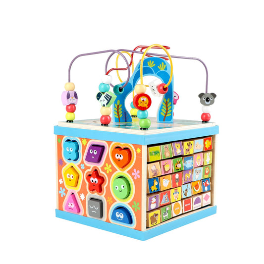 Qilay Wooden Activity Cube for Toddlers, 5 in 1 Multipurpose Abacus Early Educational Montessori