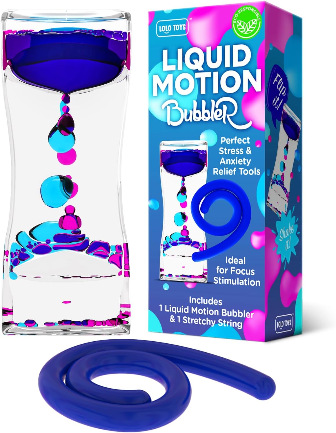 Liquid Motion Bubbler Sensory Toys – 2 Pc Set Bundle Stretchy String Fidget Toys Timer for Stress Relief and Anxiety Relief Great for Adults, Kids ADHD Autism ADD Hyperactivity Relaxation figit Blue