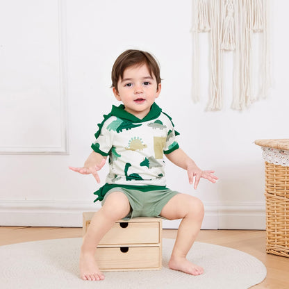 Toddler Baby Boy Summer Hooded Outfit Contrast Color Short Sleeve T Shirt Top Elastic Shorts Summer Clothes Set