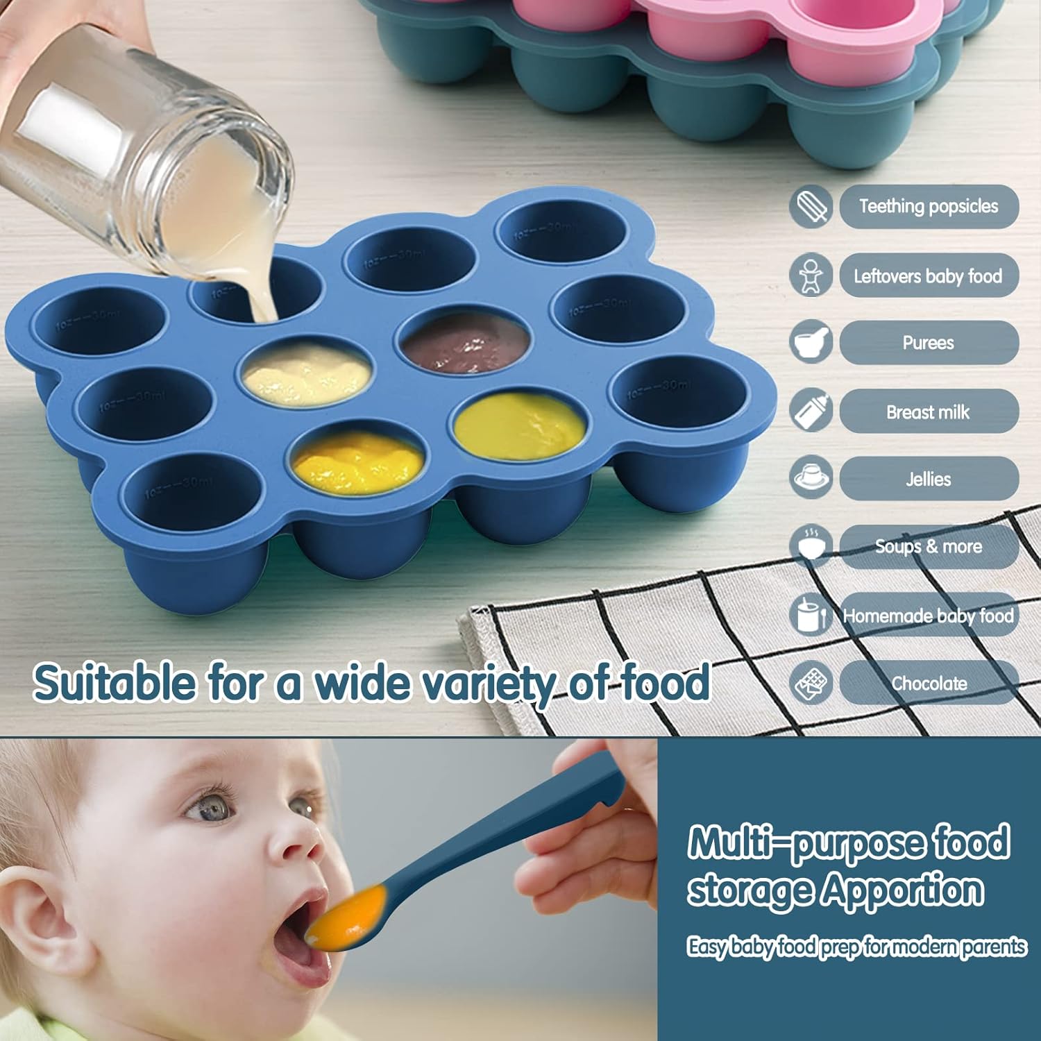 Baby Food Storage - 12 x 1.5OZ Silicone Freezer Tray with Lid, Containers for Homemade Purees