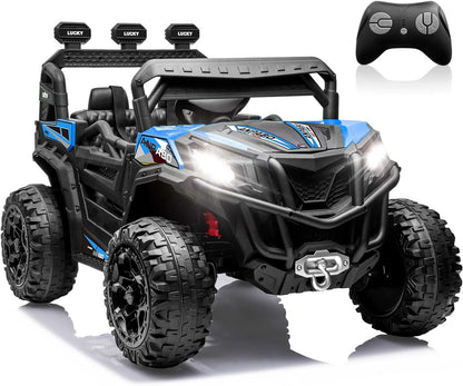 ANPABO 24V 4X4 Ride on Car Truck w/Remote Control, 4WD/2WD Switchable Kids UTV, 19" Spacious Seat, 4 Shock Absorbers, Soft Start, Music Player, Electric Car for Kids (Blue)