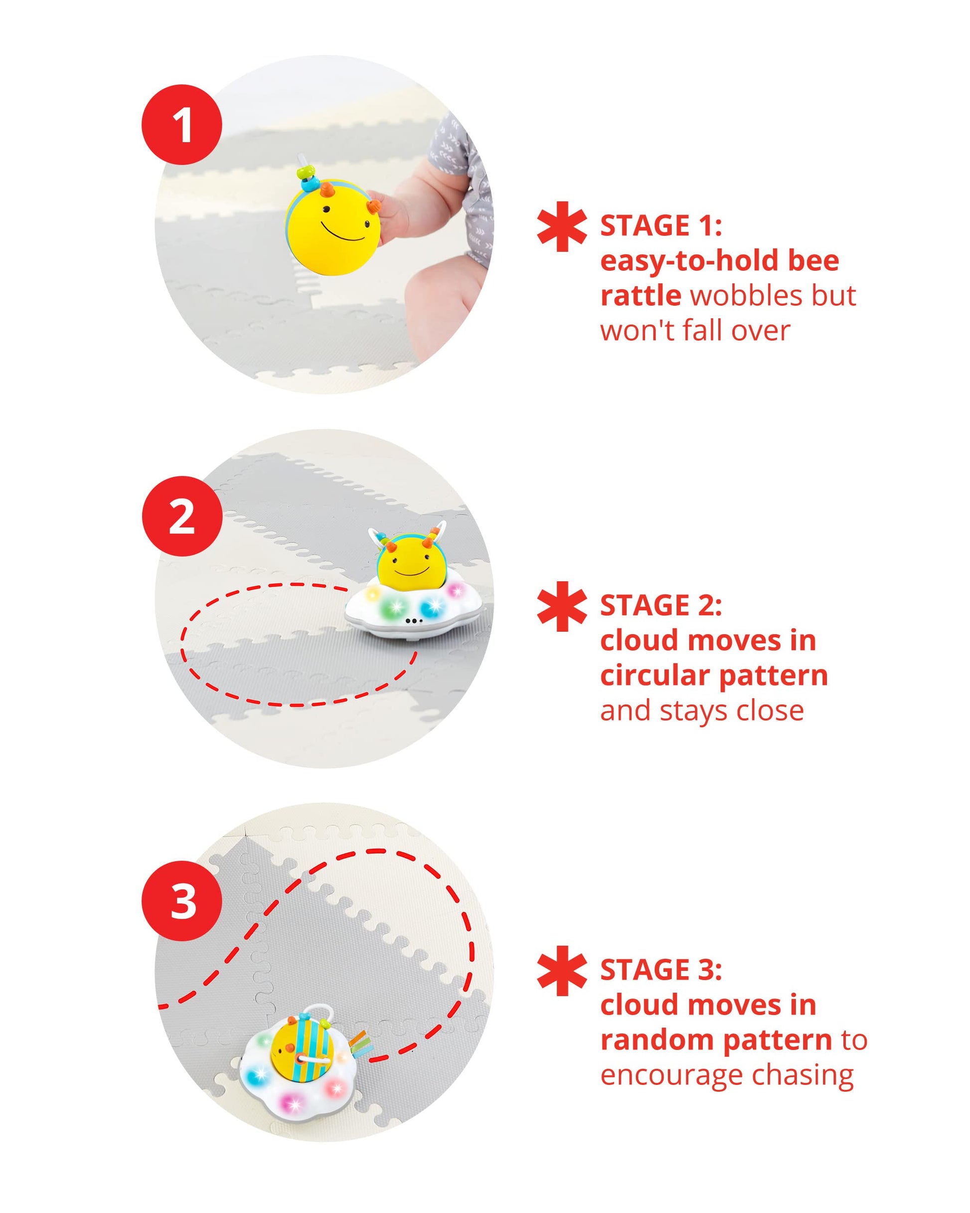 Skip Hop Baby Follow-Me Bee Tummy Time Crawl Toy 3-Stage Infant Sensory Development with Lights