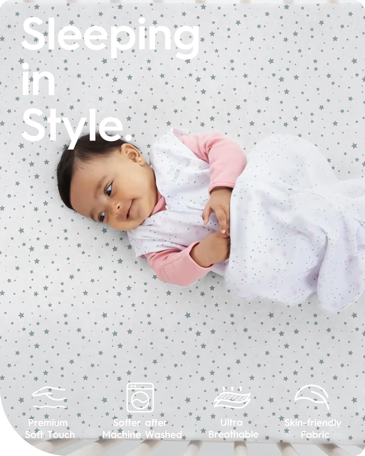 Crib Fitted Sheet Star, Super Stretchy Jersey Crib Sheets, Buttery Soft Boy Crib Mattress Sheets, Ultra Breathable Baby Bed Sheets 28x52x9 Extra Deep Pocket, 2 Pack