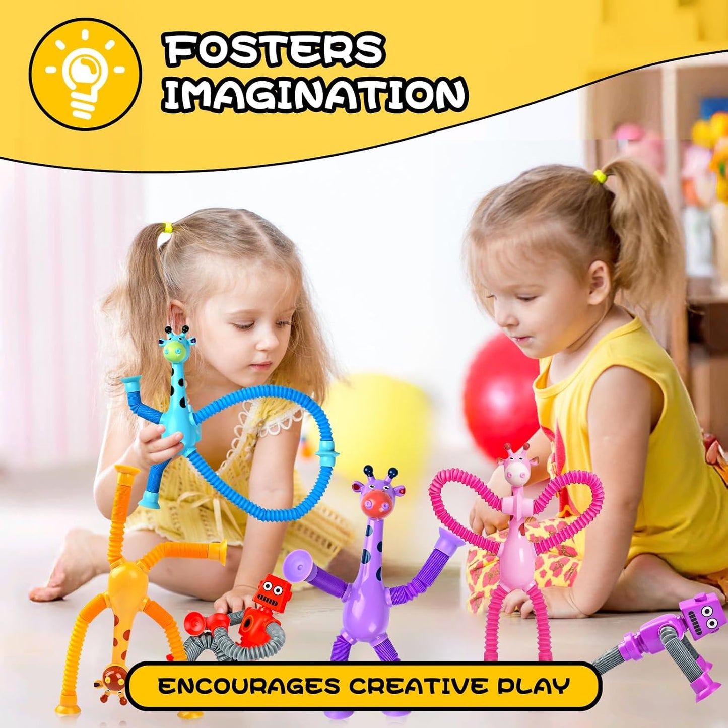 Giraffe Sensory Toys 4Pcs Gift for Toddlers Girls Year Old Ages 3 4 5 6 7 8 9 10, Suction Autism Toy Pop Tube Fidget Toys Autistic Travel Toys Stocking Easter Basket Stuffer Valentine Gift for Kids