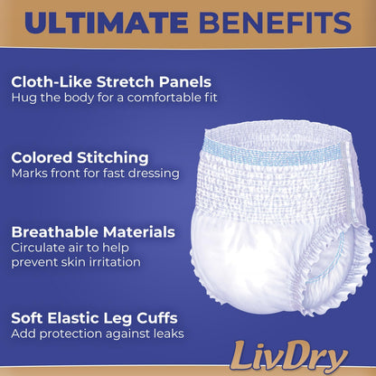 LivDry Ultimate Adult Incontinence Underwear, Max Absorbent Adult Diapers with Leak Protection, Medium, 17-Pack