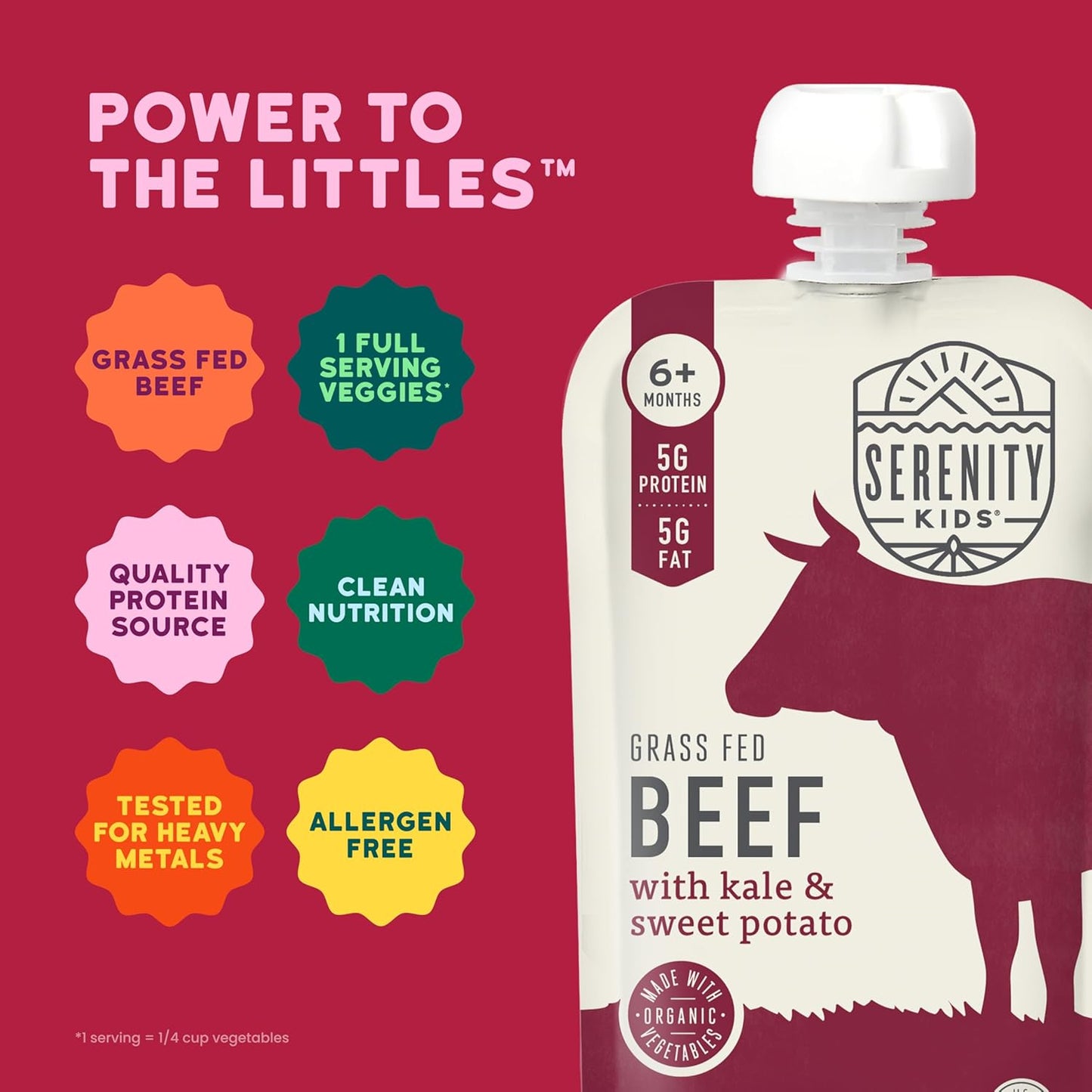 Serenity Kids 6+ Months Baby Food Pouches - Grass Fed Beef Puree with Organic Kale & Sweet Potato