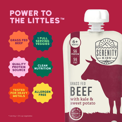 Serenity Kids 6+ Months Baby Food Pouches - Grass Fed Beef Puree with Organic Kale & Sweet Potato