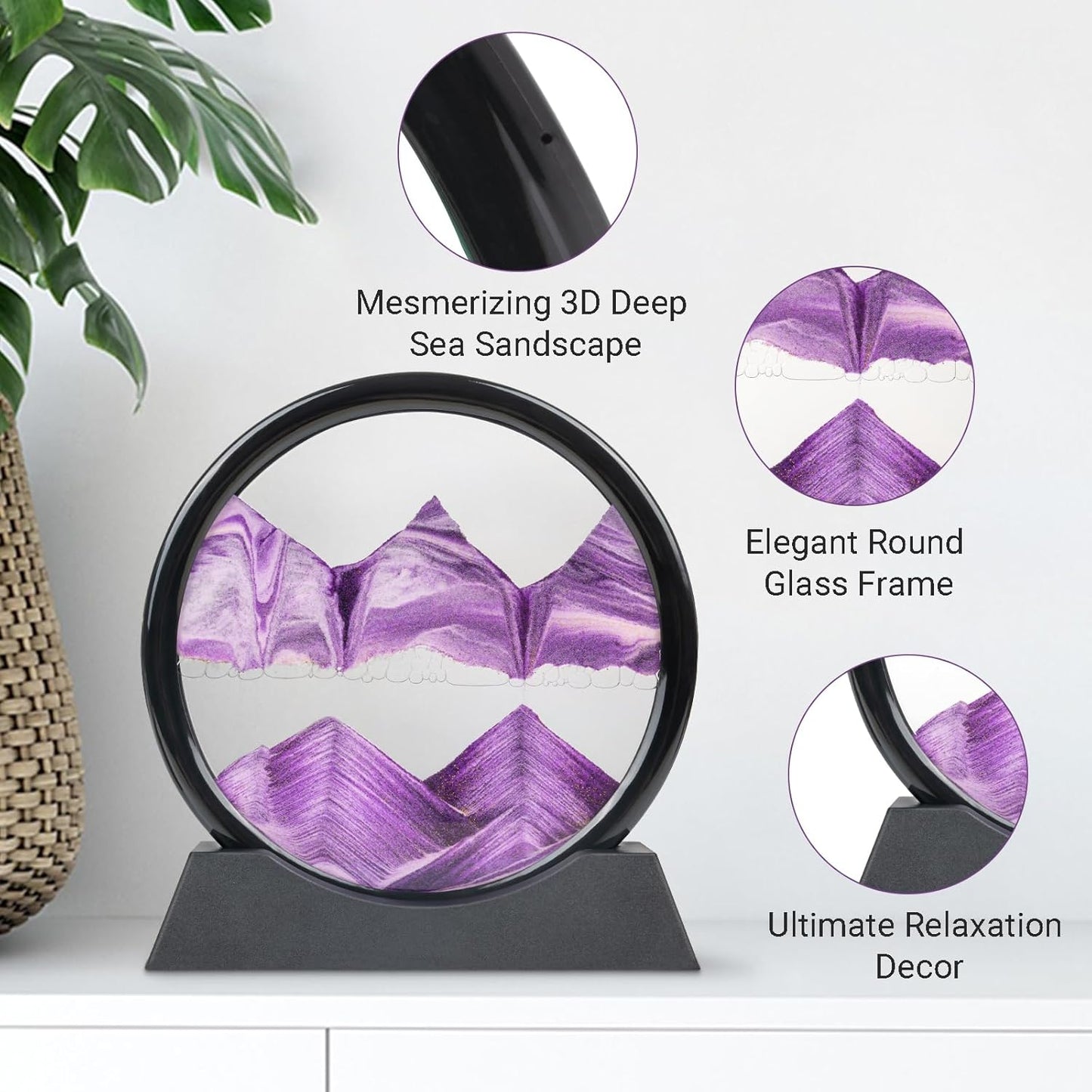 Drakswet Moving Sand Art Liquid Motion，Moving Sand Art Picture-3D Deep Sea Sandscape，Round Glass Frame Display Flowing Sand Relaxing Desktop Home Office Work Decor (Purple)