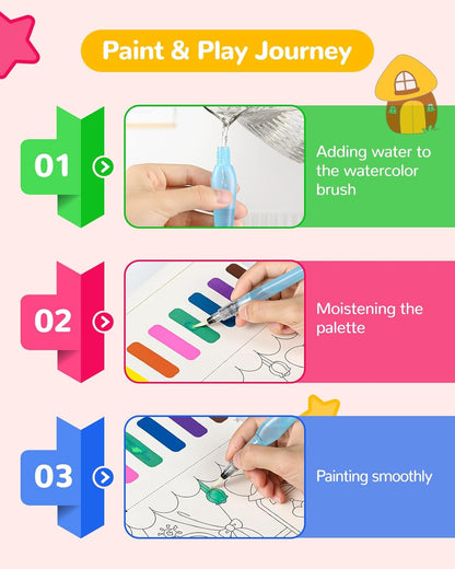 TECJOE Paint with Water Coloring Books for Toddlers, Princess Series Watercolor Set with 3 Brushes, Mess Free Painting Activity for Kids Ages 4 5 6 7 8, Arts & Crafts Toy