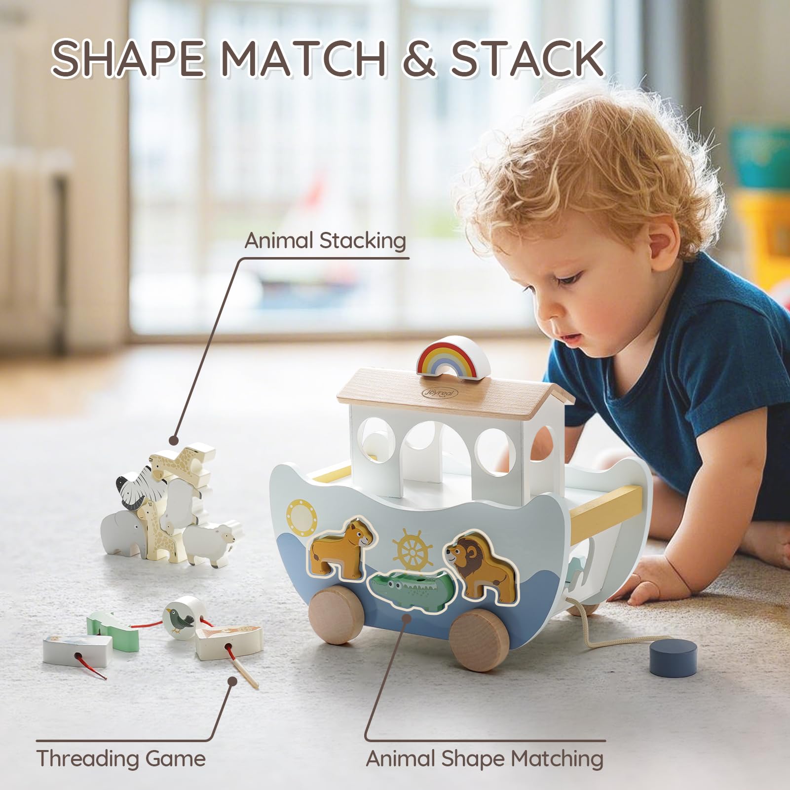 Joyreal Wooden Noah's Ark Toy for 1 Year Old Baby Boy and Girl Baptism Gift