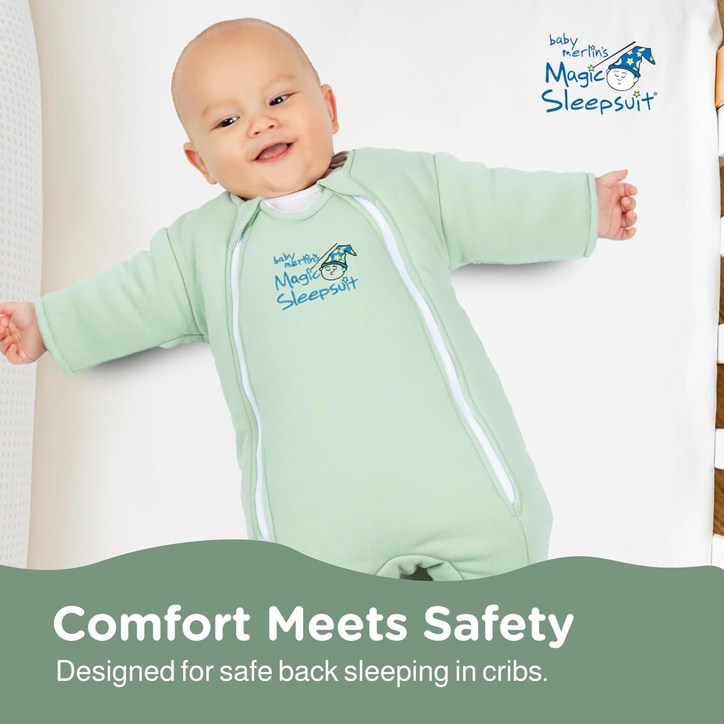 Magic Sleepsuit Baby Merlin's Cotton Baby Swaddle Transition Product - Soft and Cozy Design, Double Zipper for Easy Diaper Changes, Promotes Safe Sleep, 3-6 Months - Sage Green - Small 12-18lbs