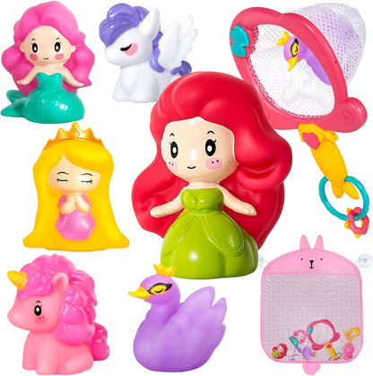 No Hole Bath Toys for Kids Ages 1-3, 8 Pcs Girl Bath Toys with Storage and Net, Sealed & Squeezable
