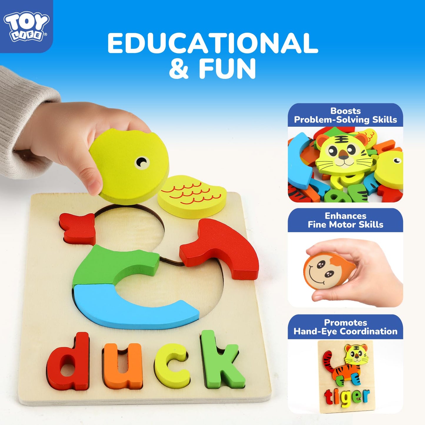 TOY Life Toddler Puzzles Ages 2-4, 6 Animals with Spelling Wooden Puzzles for Toddlers 3-5