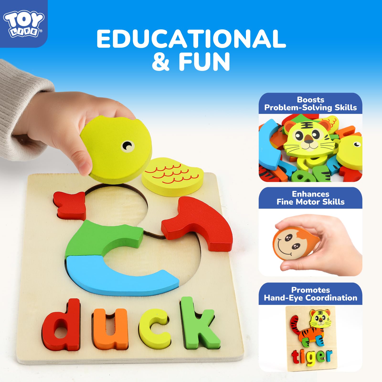 TOY Life Toddler Puzzles Ages 2-4, 6 Animals with Spelling Wooden Puzzles for Toddlers 3-5