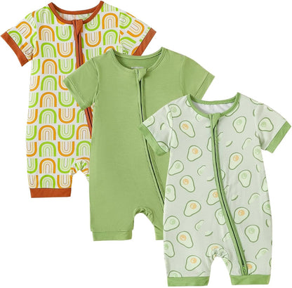 OPAWO Bamboo Baby Pajamas 3 Pack, Double Zipper Bamboo Sleepers for Baby Boy Girl Romper, Toddler Summer Clothes Outfit 0-24M