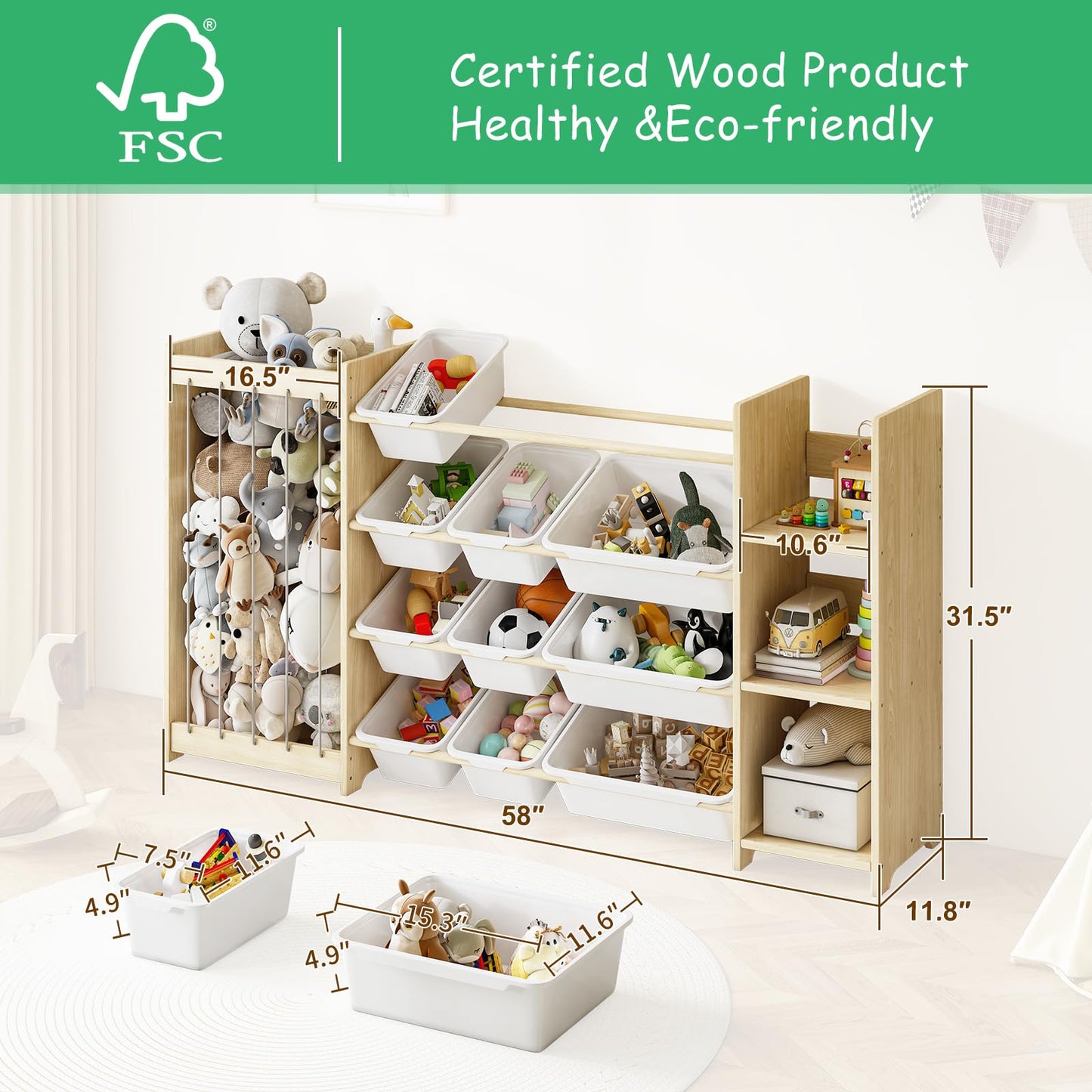 EXPERLAM 3-in-1 Toy Storage Organizer, Stuffed Animal Holder & 3-Tier Bookcase, Solid Wood Toy