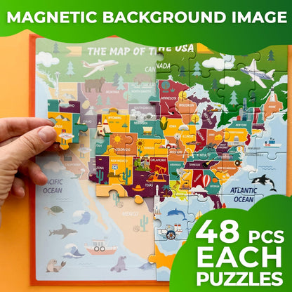 QUOKKA Magnetic Puzzles for Toddlers 4-6 - 2x48 Travel Puzzles Games for Kids Ages 3-5 - USA & World Maps Car Activities Toy for Boys and Girls - United States Learning Magnet for Road Trip