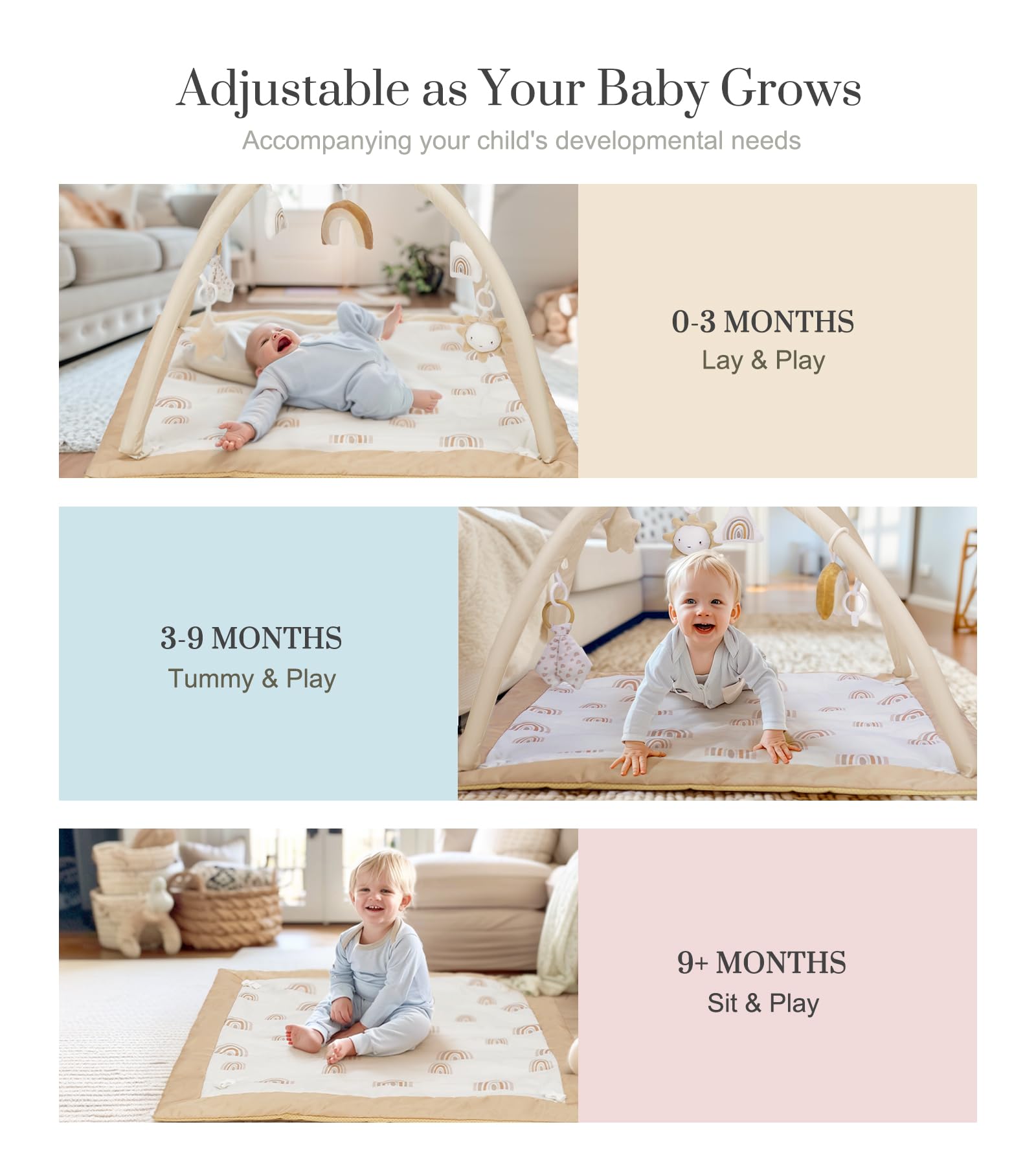 Mallify Washable Tummy Time Mat, Baby Play Gym with 6 Featured Toys and 12 Milestone Cards, Baby