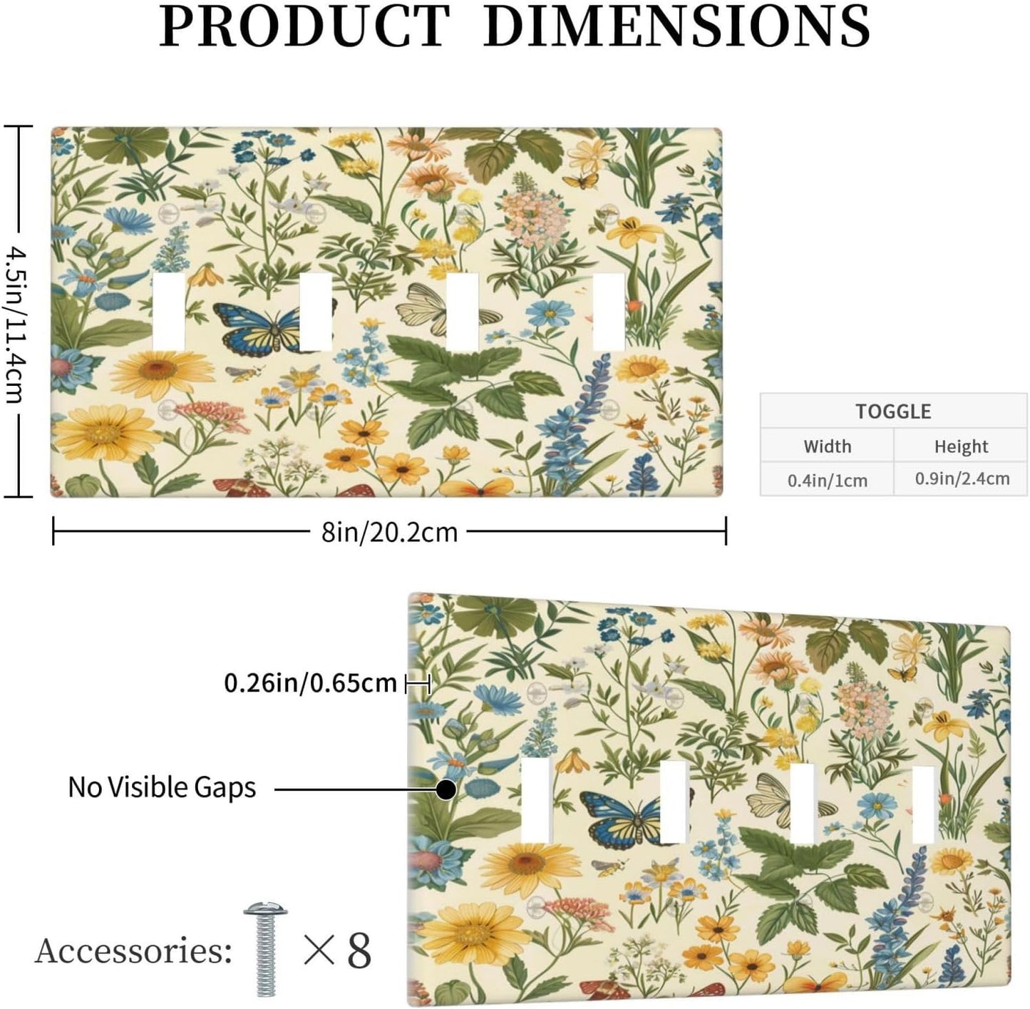 Decorative Switch Covers Plate Rustic Plant Garden Leaf Flower Butterfly 4 Gang Artistic Wall Plate Unique Quad Toggle Light Switch Plate Jumbo Faceplate for Bedroom Home Decor