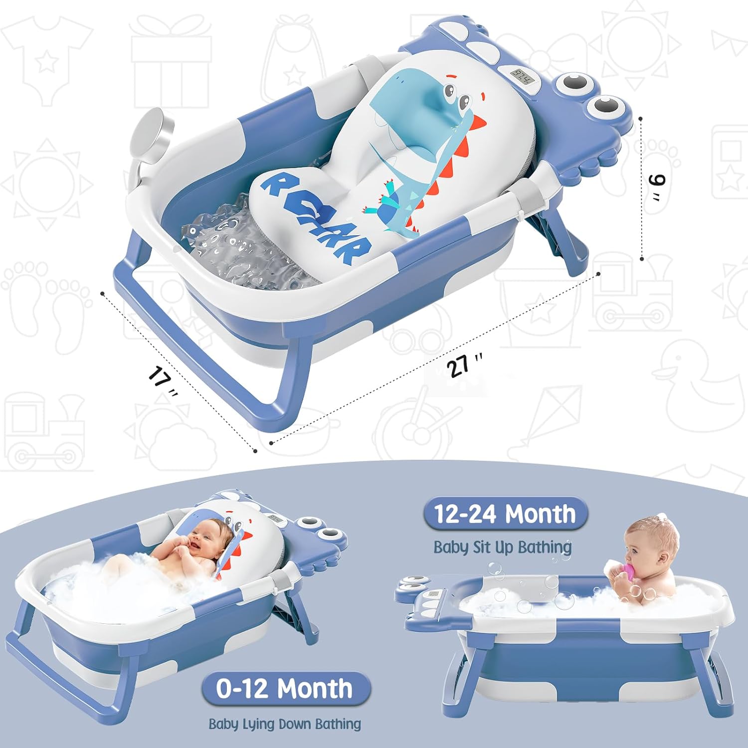 MoreFeel Collapsible Baby Bathtub for Newborn with Thermometer & 1 Hooded Towel & 1 Soft Floating