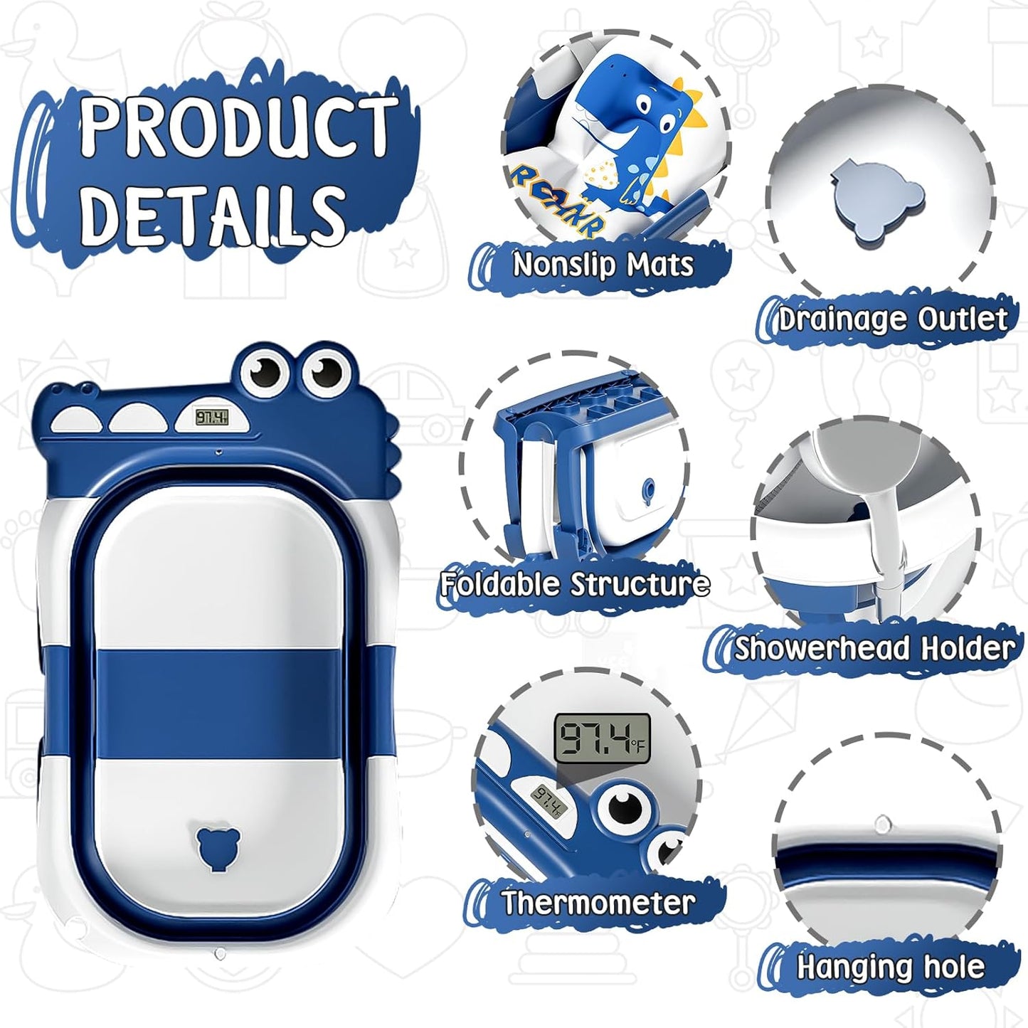 MoreFeel Collapsible Baby Bathtub for Newborn with Thermometer & 1 Hooded Towel & 1 Soft Floating