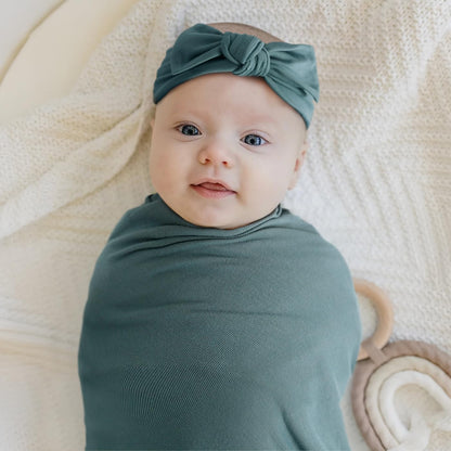 GRSSDER Newborn Swaddle Blanket, Ultra Soft Jersey Receiving Blanket with Matching Headband and Beanie Set 33×44", Stretchy Baby Neutral Swaddle Wrap for Girls and Boys