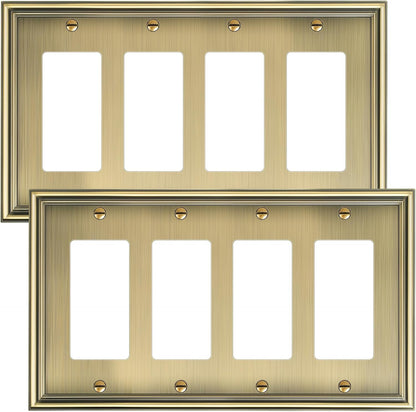 2-Pack Quad Decorator Cover Plate, Zinc Alloy Decorative Antique Brass Switch Plates and Outlet Covers, 4 Gang Wall Plate for Electrical Outlets, Receptacle, GFCI Outlet, Dimmer Switch