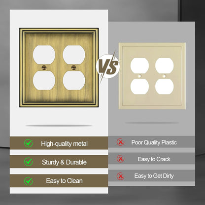Metal Double Outlet Covers Wall Plate, Antique Brass Decorative Light Switch Plate 2 Gang Duplex Outlet Covers - Classic Style, 3 Pack