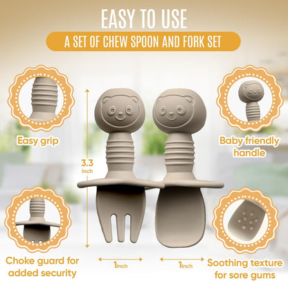 4pc Silicone Baby Spoons Self Feeding Baby Utensils 6-12 Months - 3 Baby Spoon - 1 Baby Fork - Toddler Cutlery Set - BPA Free, Dishwasher Safe - Baby Eating Essentials (Gray/Beige)