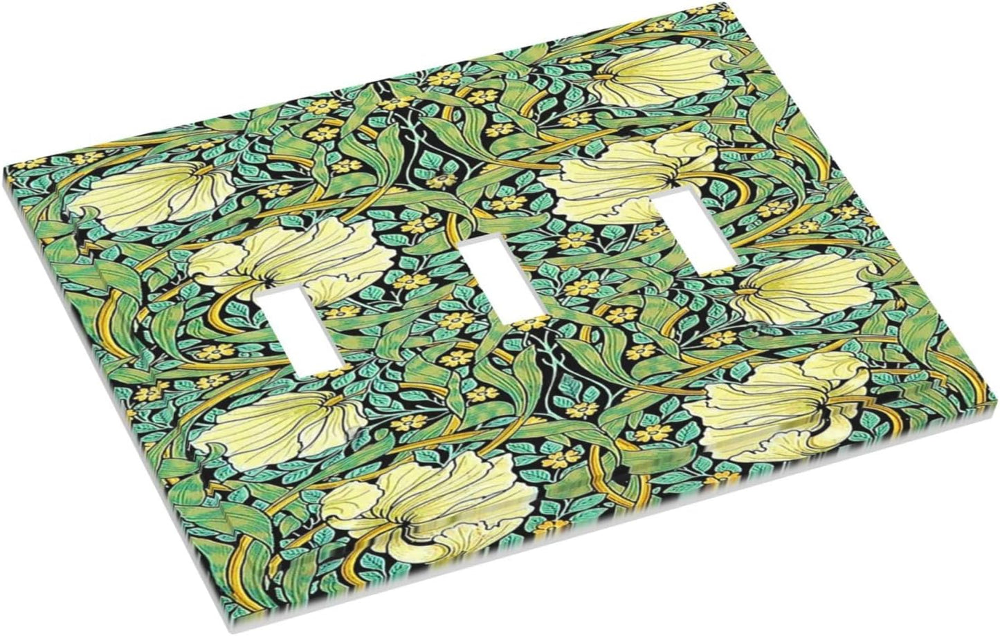 Decorative Switch Plates William Morris Vintage Floral Yellow Flowers Green Leaf 3 Gang Wall Plate Triple Toggle Light Switch Cover Faceplate Electrical Wall Panels for Bedroom living Room