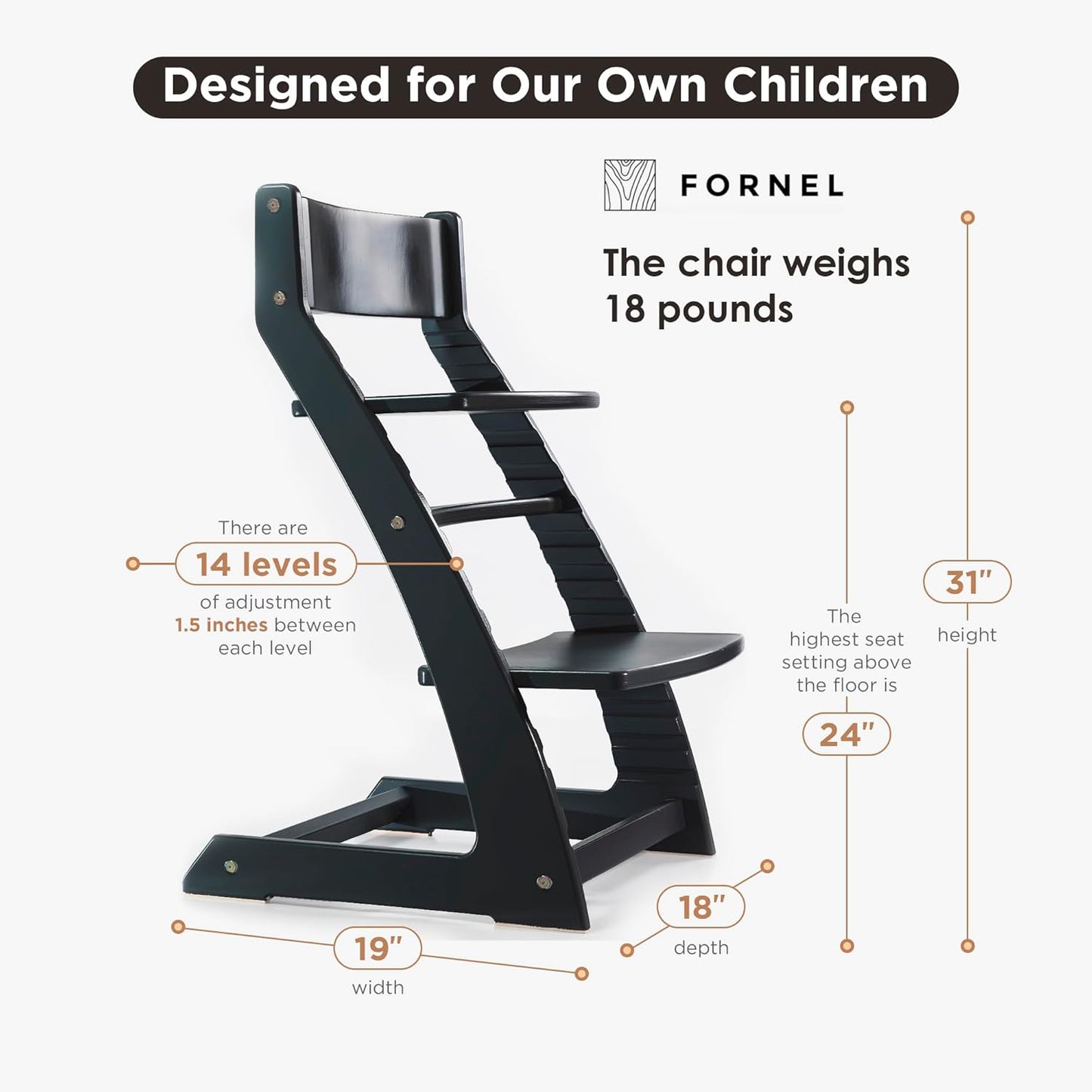 FORNEL Modern Black Wooden High Chair | The Adjustable Grow-with-Me Chair, A Sleek Alternative to