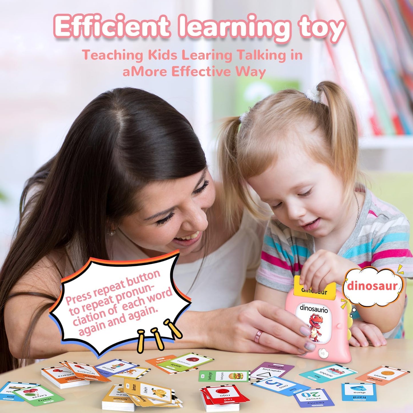 Kidzdo 520 Bilingual Spanish English Talking Flash Cards, Christmas Birthday Gifts for 2 3 4 5 6 Year Old Girls, Montessori Pocket Speech Therapy Toys, Portable Toddlers Toys for Ages 2-6 Kids, Pink