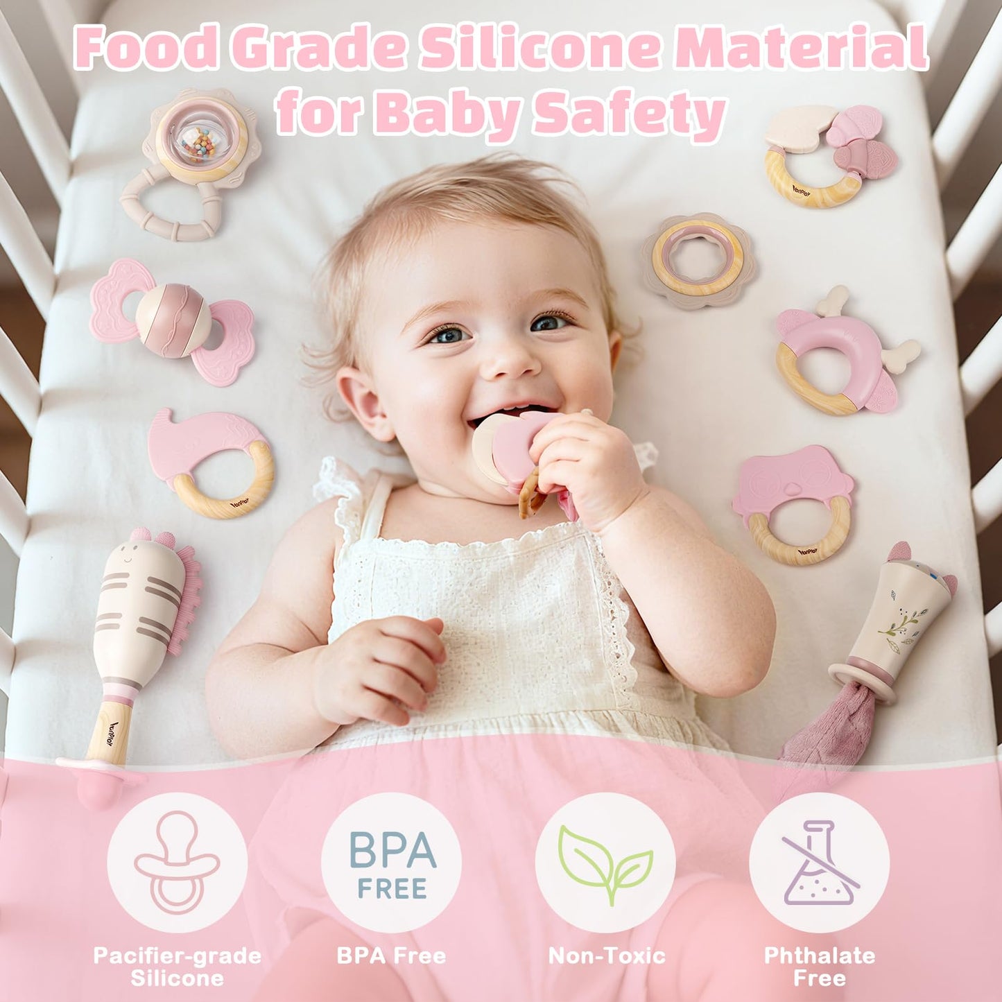 Baby Toys 0-6 Months, Baby Rattles, Teething Toys 3-6 Months, Infant Toys 6-12 Months, 10PCS Pink