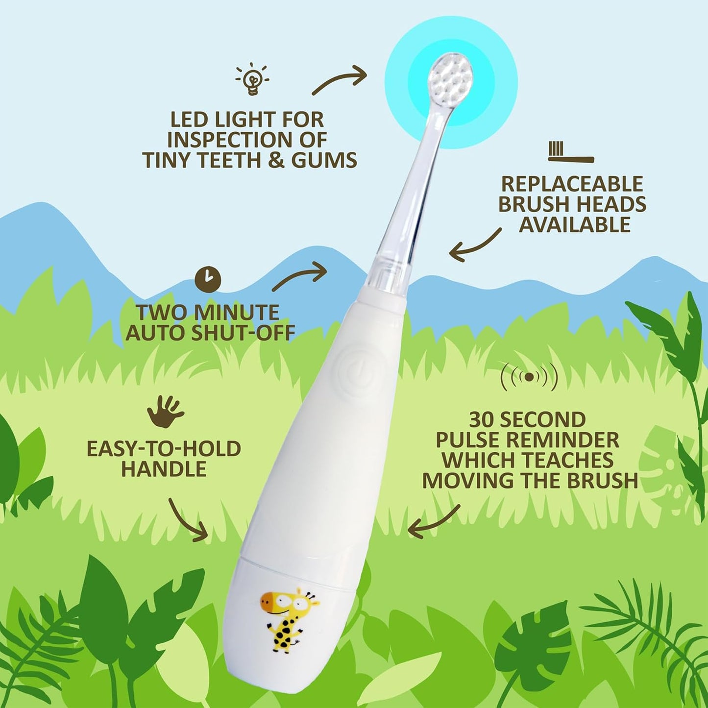 Jack N' Jill Kids Tickle Tooth Sonic Electric Toothbrush and Replacement Head, LED Brush Head with