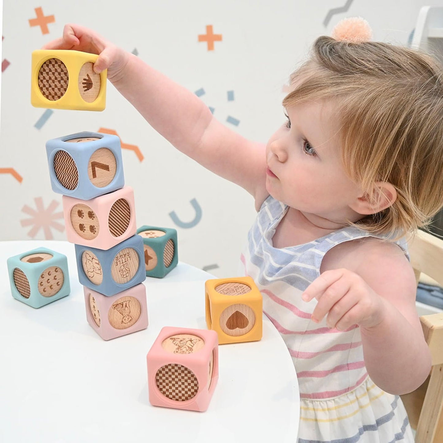 Little Rawr 9 Pcs Baby Silicone & Wooden Stacking Blocks, Food-Grade Silicone Baby Toy with Natural