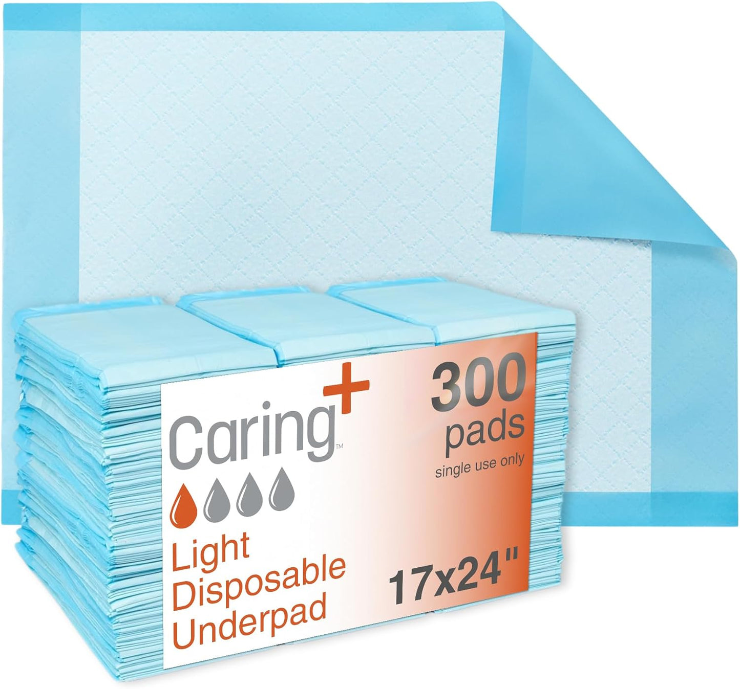 Caring Disposable Underpads, Baby Changing Liner Pads, Light Absorbency, 17 x 24 in, 300-Pack