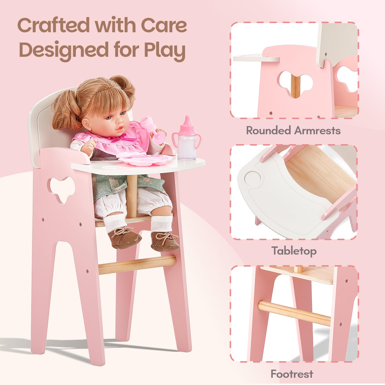 Giant bean Wooden Baby Doll High Chair with Feeding Set for 18 Inch Dolls