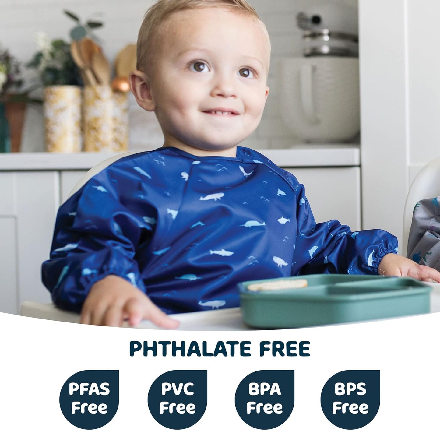 Tiny Twinkle Mess Proof Baby Bib,Waterproof Smock Baby Bib for Eating,Machine Washable Long Sleeve Bib,Baby Led Weaning,Toddler Bib,BLW Supplies(Ocean Life, Small 6-24 Months)