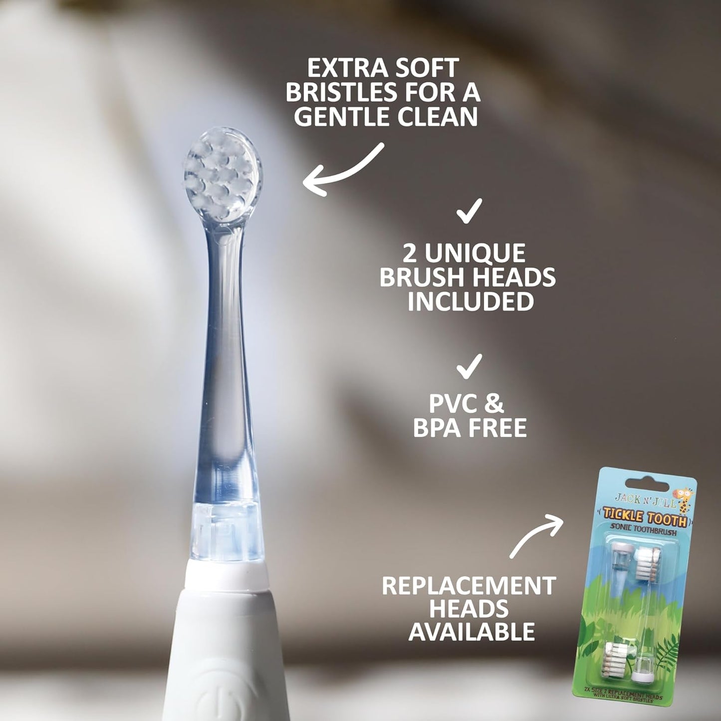 Jack N' Jill Tickle Tooth Toddler Electric Toothbrush with Replacement Head - Gentle Cleaning, Made