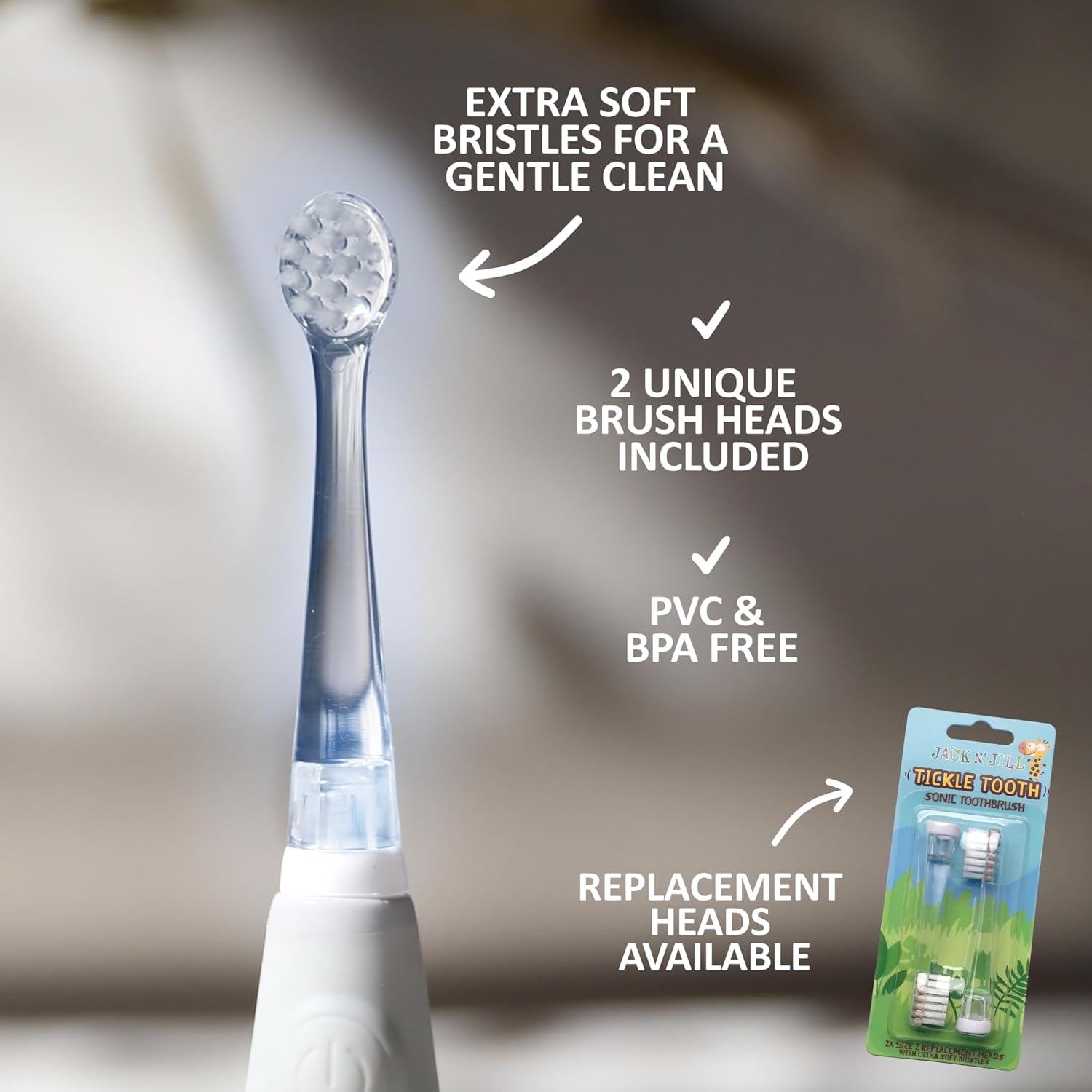 Jack N' Jill Tickle Tooth Toddler Electric Toothbrush with Replacement Head - Gentle Cleaning, Made