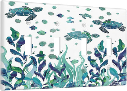 Light Switch Covers Vibrant Turtle Seagrass Watercolor Painting Quad Toggle Electrical Faceplate 4 Gang Wall Plate Decorative Switch Plates for Bathroom living Room Decor