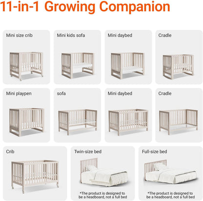 EvoNest Baby Crib, 11 in 1 Convertible Mini Crib with Wheels, 100% New Zealand Wood Growing Bed, 4 Adjustable Mattress Height,Washed Natural